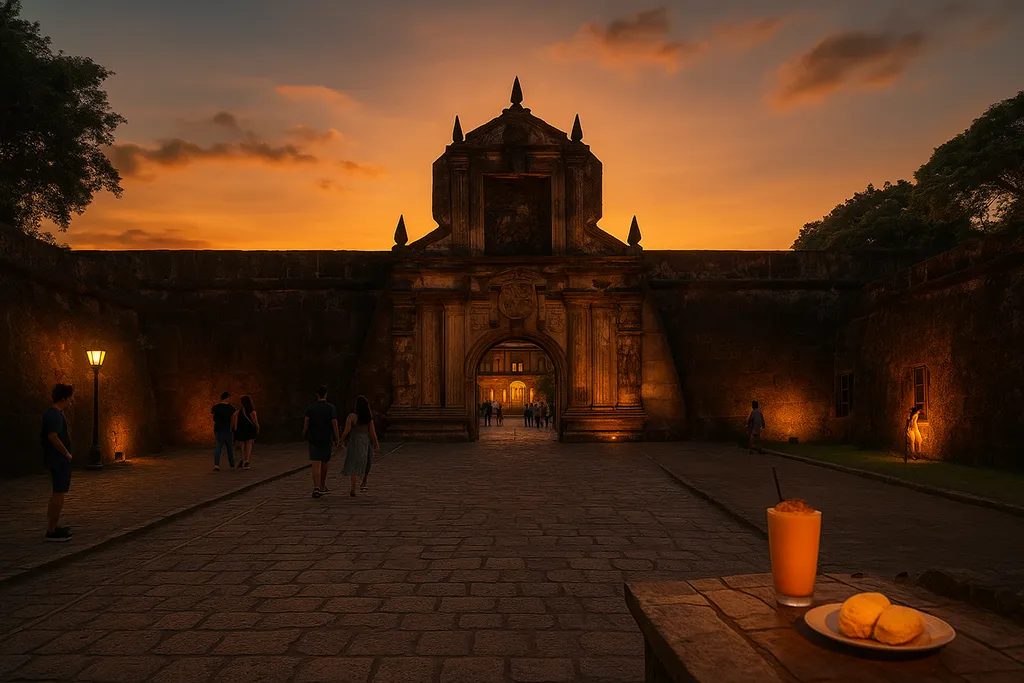Fort Santiago in Manila with stone walls, Rizal Shrine, and a dramatic sunset.