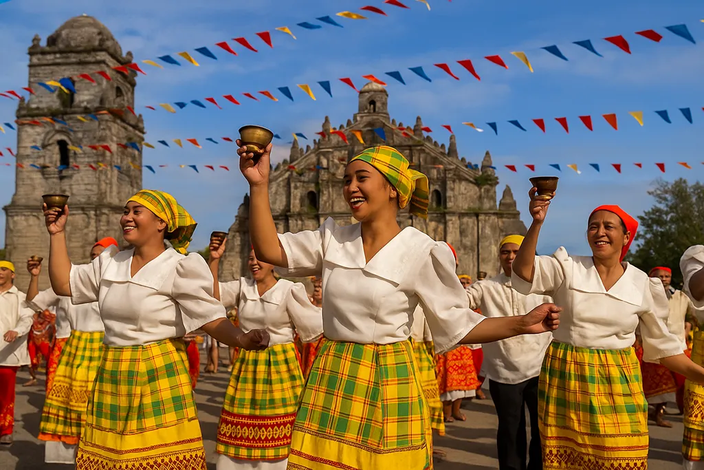 Performers in traditional Filipino attire dancing in front of Paoay Church during the Guling-Guling Festival in Ilocos Norte, Philippines.