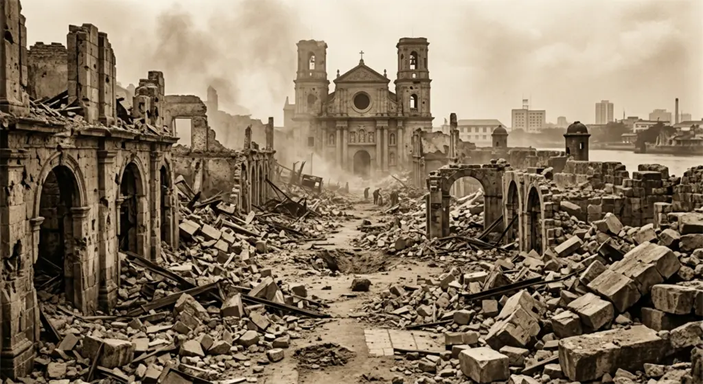 Ruins of Intramuros, Manila, Philippines, after the Battle of Manila,1945, World War II