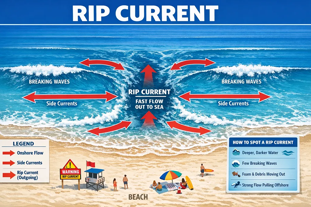 Riptide formation diagram showing current flow patterns at beach
