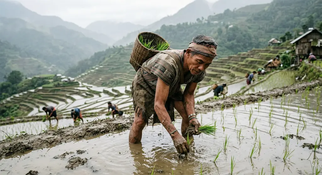 Ifugao farmer planting heirloom tinawon rice seedlings in flooded paddy terrace by hand