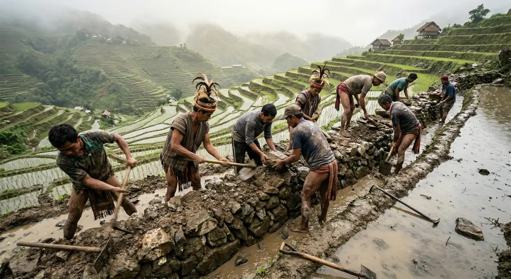 Ifugao farmers repairing terrace bund walls during community restoration work, Cordillera mountains