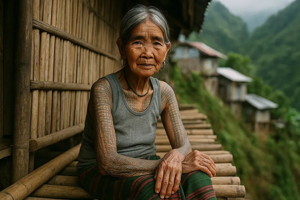 Elderly Kalinga woman with traditional tribal tattoos in Tinglayan village.