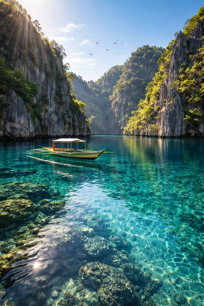 Kayangan Lake Coron crystal clear water limestone cliffs mirror reflection Palawan Philippines
