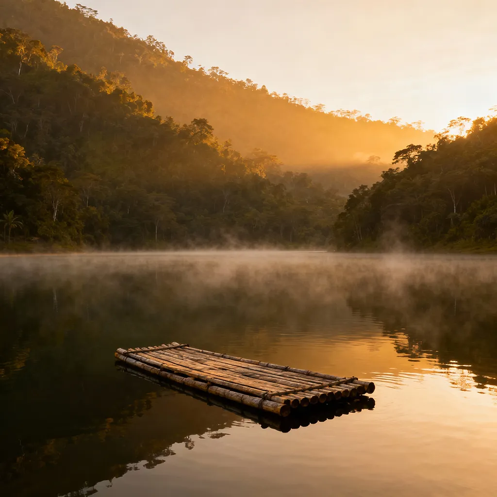 Sunrise view of Lake Danao with mist and a floating cottage surrounded by forested hills.