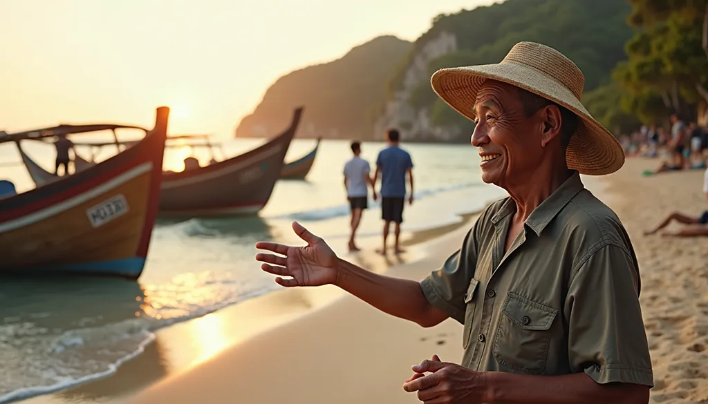 Filipino fishermen sharing local beach safety knowledge with tourists