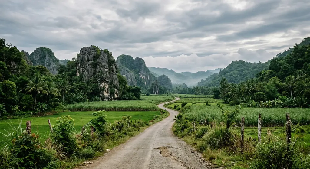 Rural road through karst limestone hills Mabinay interior Negros Oriental Philippines