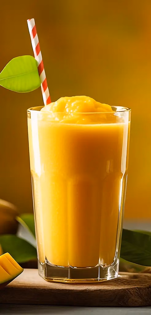 A tall glass of fresh Philippine mango smoothie with a red and white striped straw and green leaf garnish, with mango pieces visible at the base, representing the famous sweet mangoes of Cebu available at Sinulog Festival food stalls.