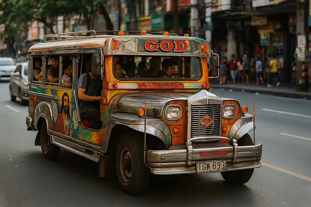 Colorful jeepney on a Manila street with passengers aboard.