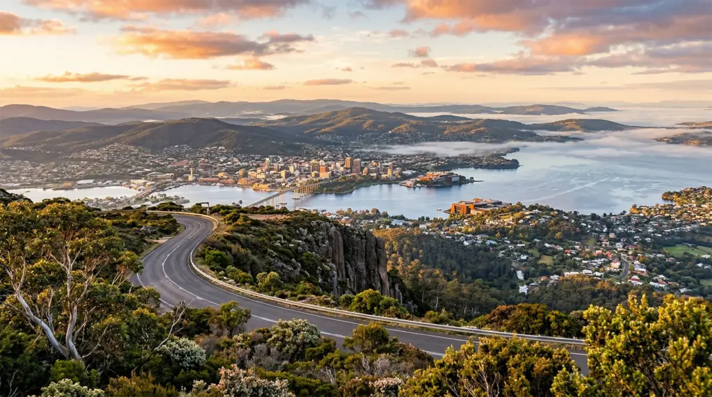 View from Mount Wellington summit road looking down over Hobart and the Derwent River, Tasmania