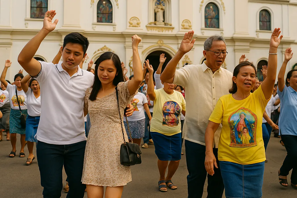 Devotees dancing in the streets during the Obando Fertility Rites in Bulacan
