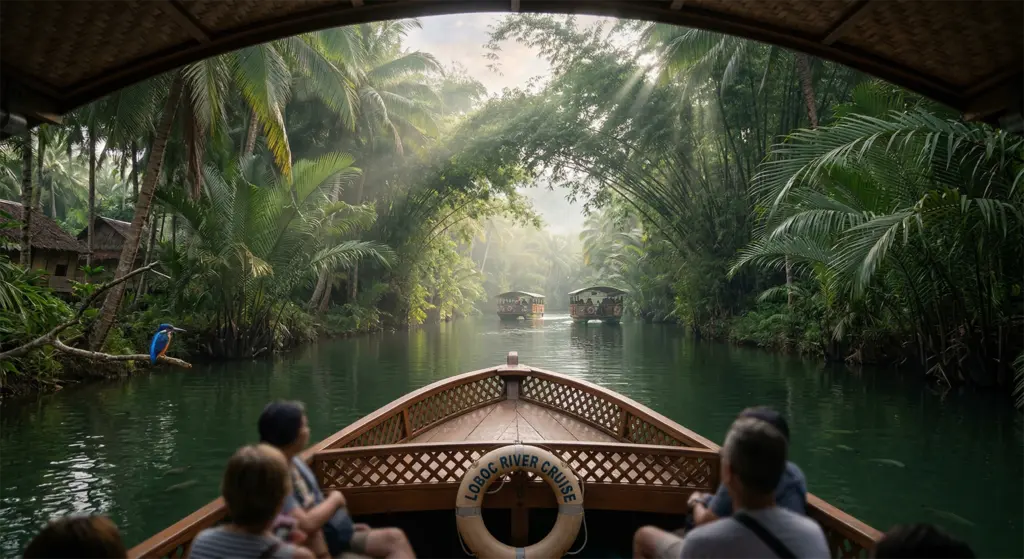 Loboc River cruise, Bohol, Philippines, lush jungle canopy, lunch boat