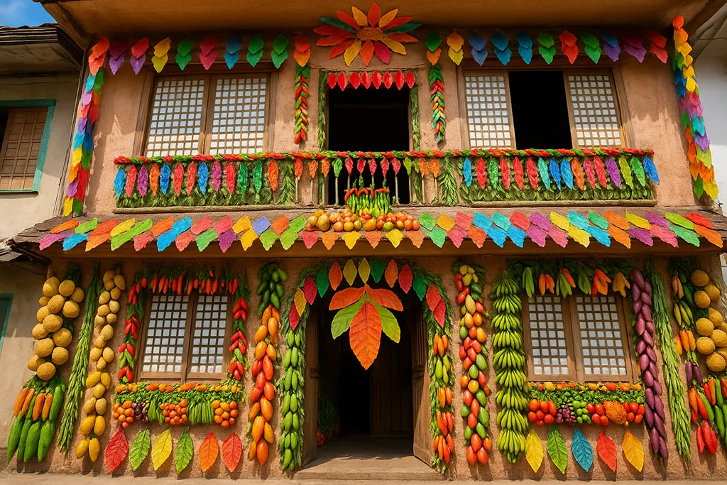House decorated with colorful rice wafers, vegetables, and fruits during Pahiyas Festival