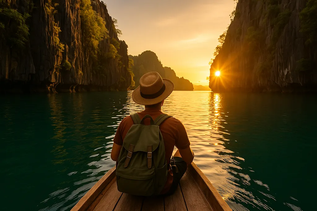 Boat gliding through the limestone cliffs and emerald water of El Nido’s Big Lagoon, Palawan.