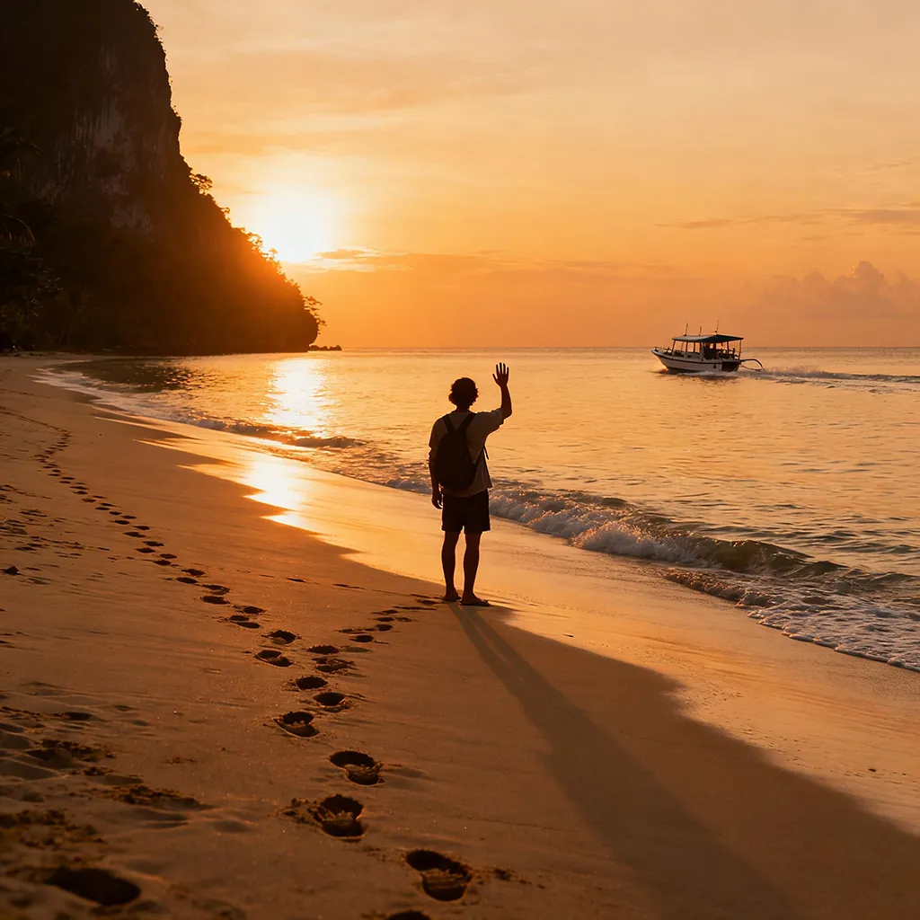 Traveler watching the sunset over the ocean in Palawan, Philippines.