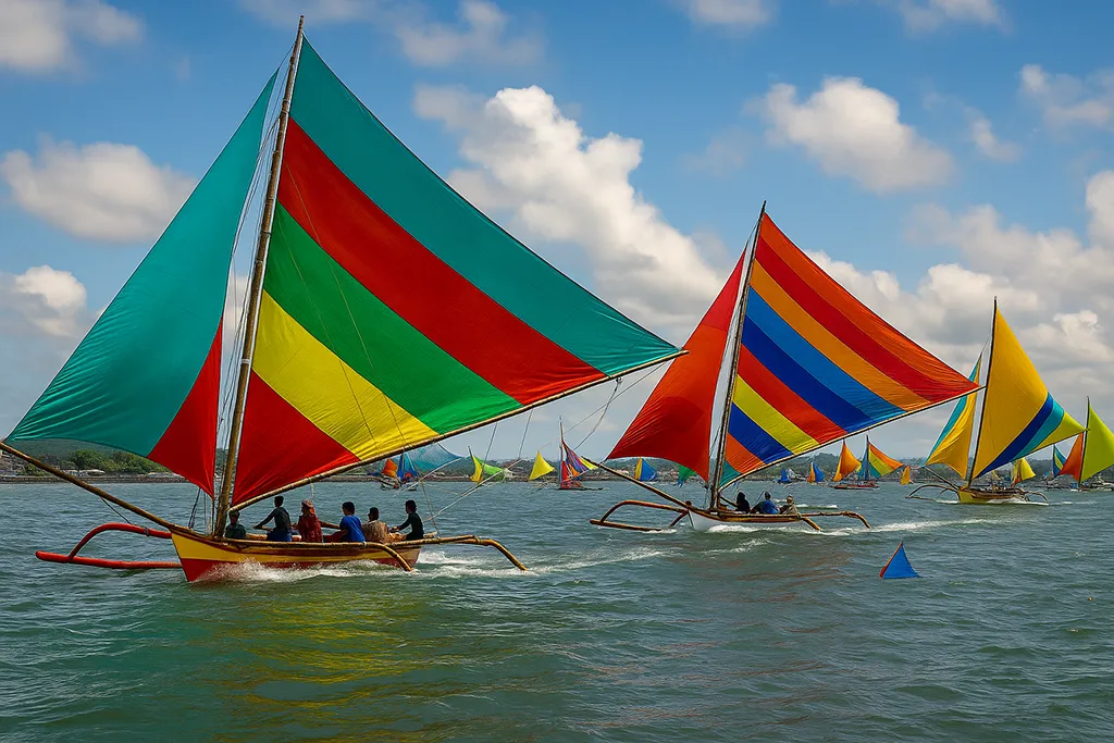 Colorful paraw sailboats racing in Iloilo Strait during Paraw Regatta