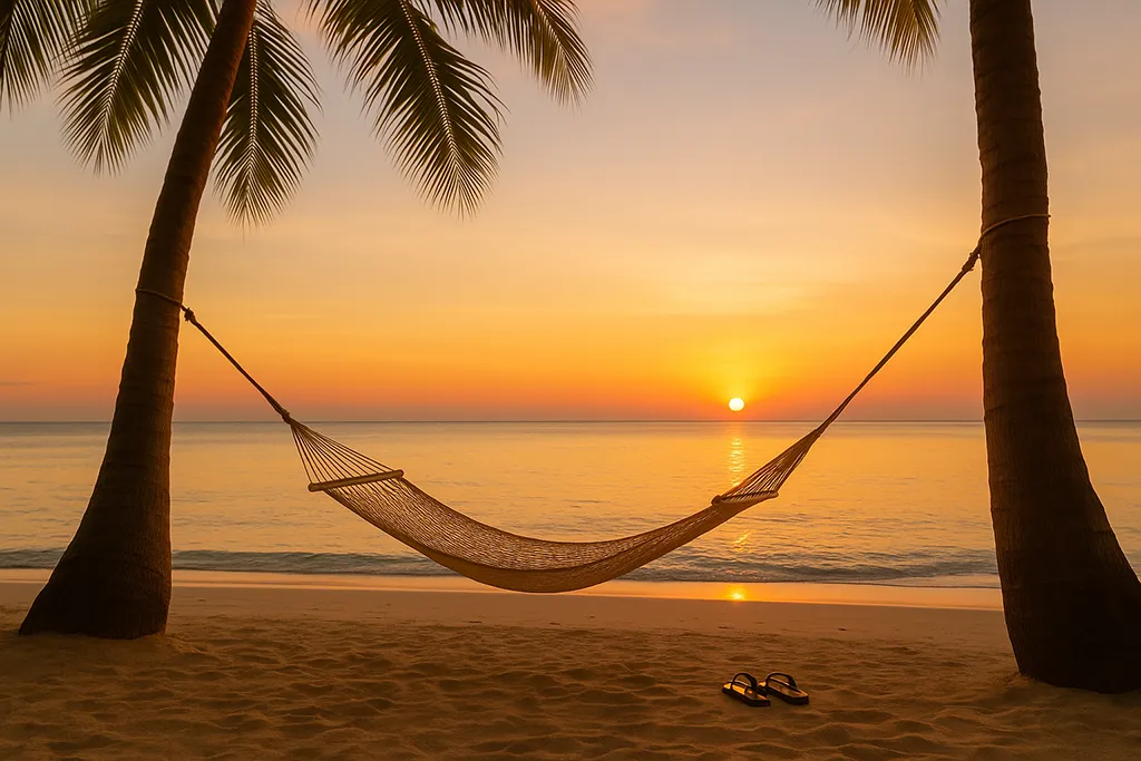 An empty hammock on the beach with the sun setting on the horizon. This is symbolic of retirement in the Philippines.
