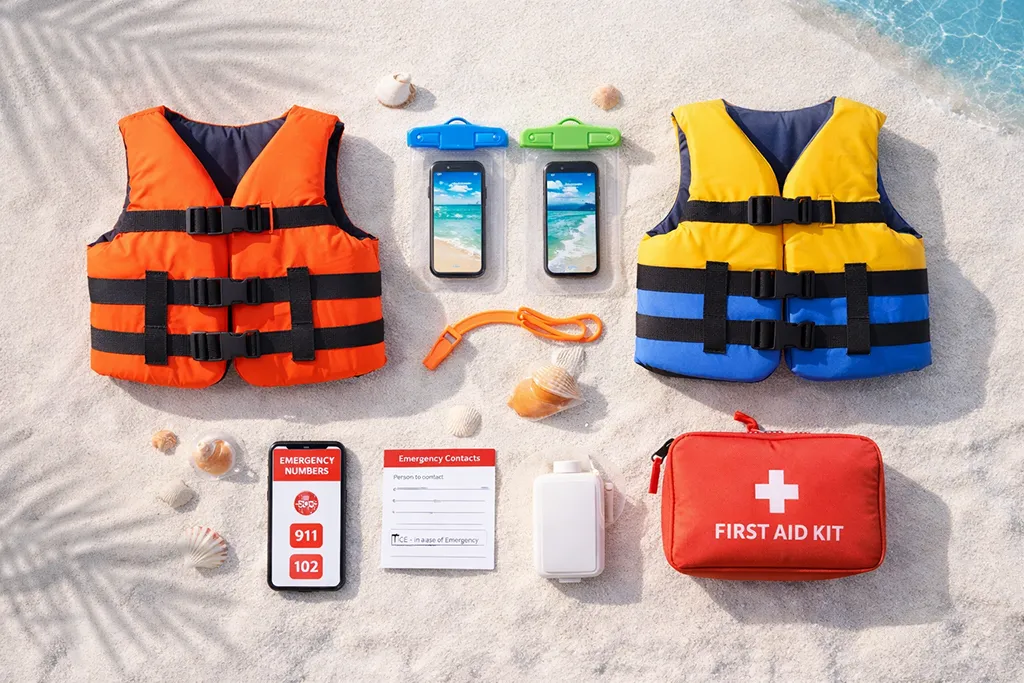 Beach safety equipment including life jackets and waterproof pouches for Philippines travel