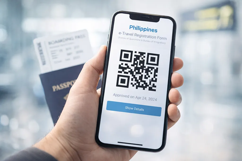 Philippines e-Travel registration system 2026 smartphone QR code digital visa process.