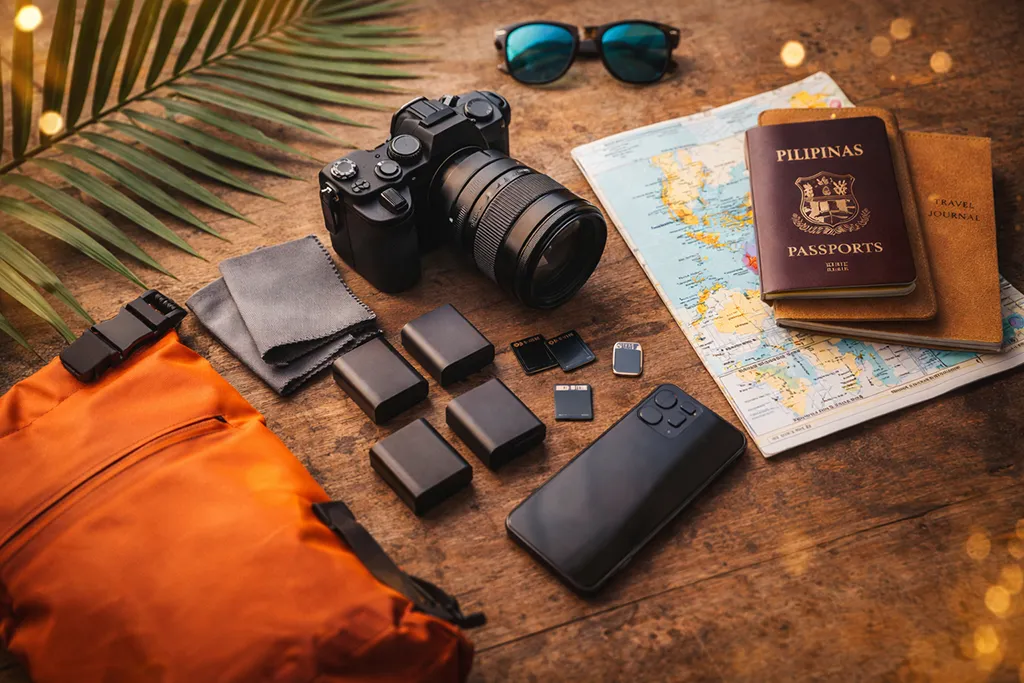 Photography gear essentials for Philippines travel including camera batteries and SD cards