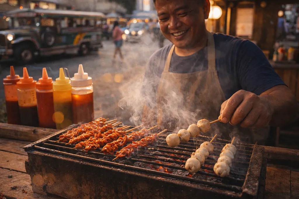 Filipino street food vendor grilling isaw fish balls, a local food culture in the Philippines.