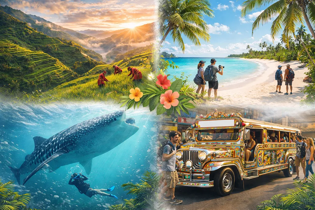 Philippines travel highlights collage showing rice terraces, beaches, whale sharks, and jeepneys
