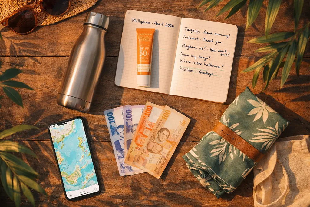 Responsible tourism Philippines preparation guide showing essential items including local currency, reef-safe sunscreen, and Tagalog phrase guide