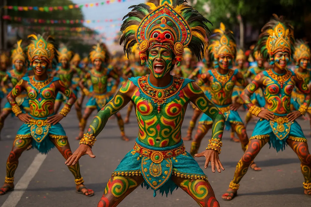 Dancers with tribal body paint performing at Pintados-Kasadyaan Festival in Tacloban