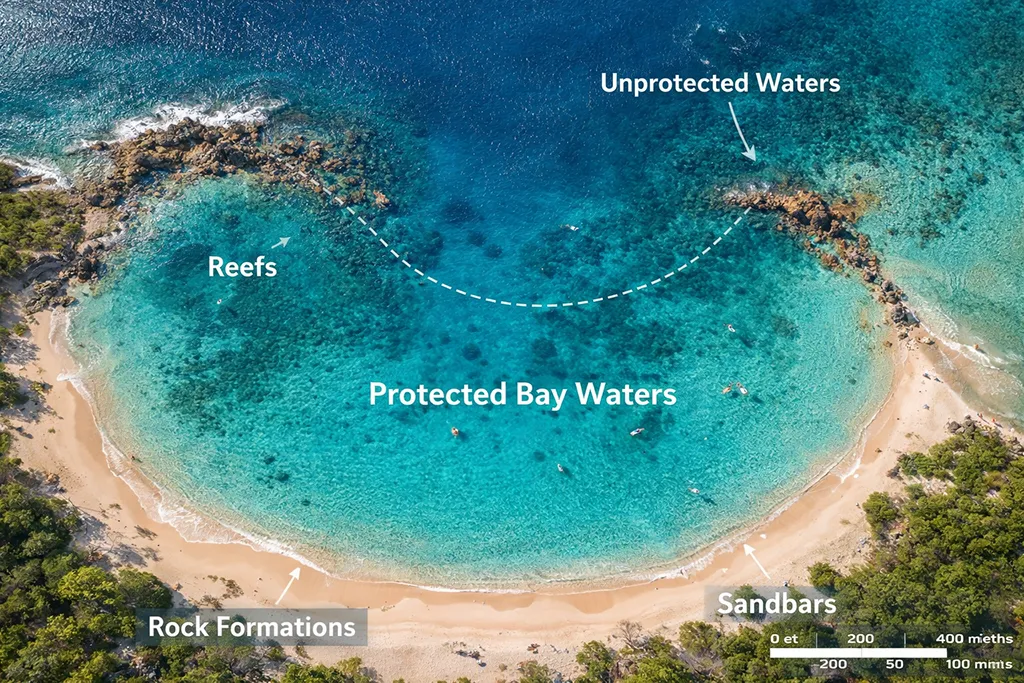 Aerial view of protected horseshoe bay beach with natural safety features