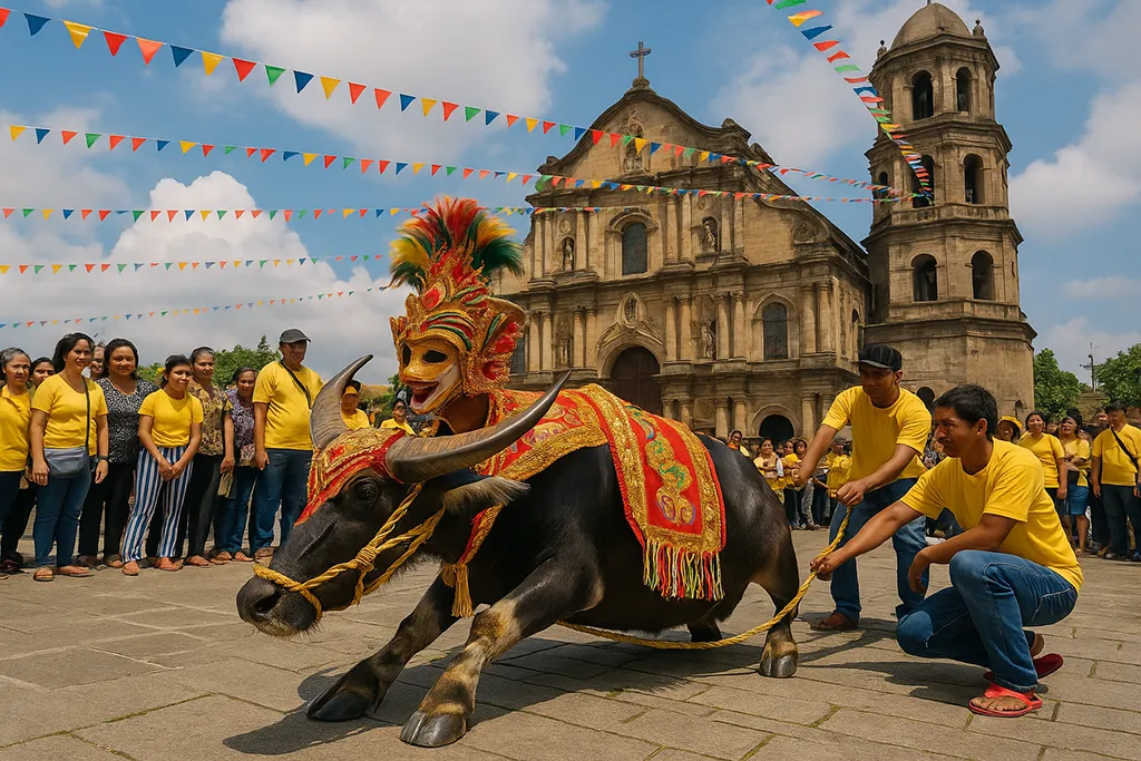 Decorated water buffalo kneeling in front of a church during Pulilan Carabao Festival