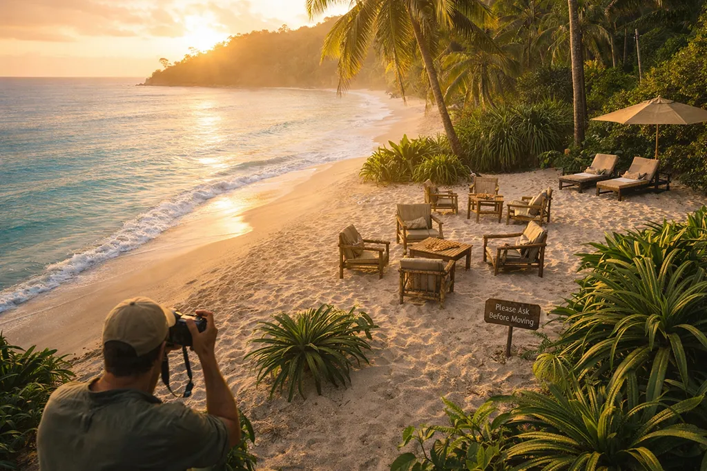 Ethical travel photography in Philippines showing tourist respecting resort property while capturing sunrise beach photos