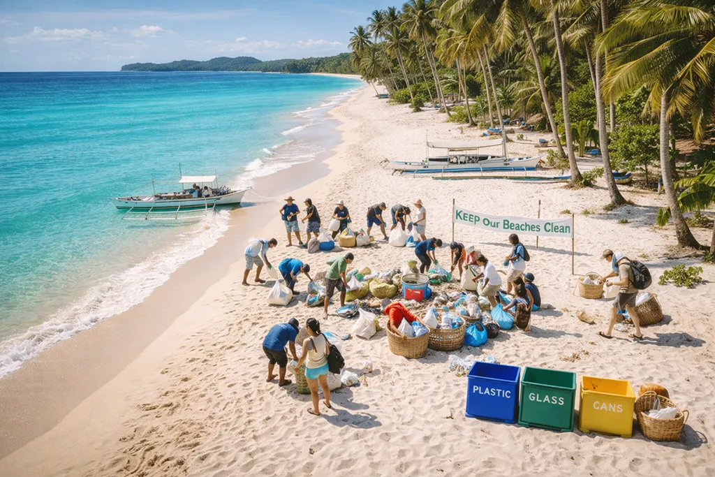 Community beach cleanup in Philippines showing locals and responsible tourists working together for sustainable tourism
