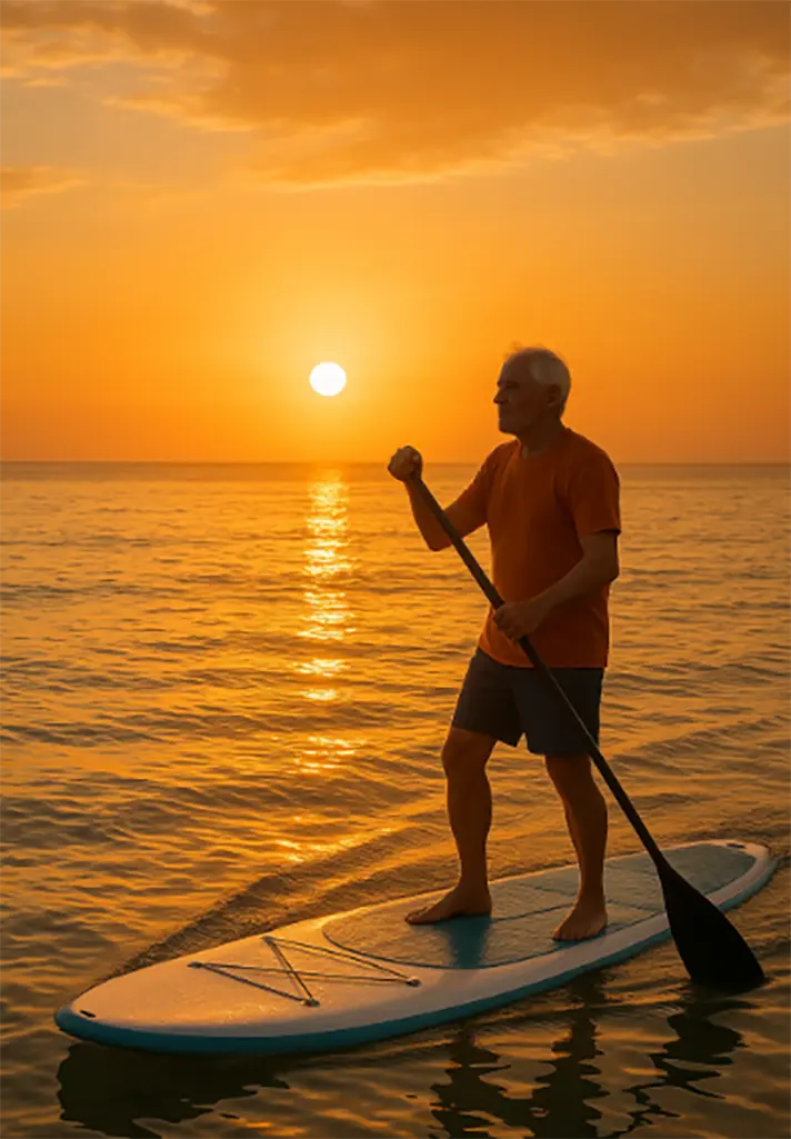 Retiree paddleboarding at sunset in the Philippines, embracing expat lifestyle.