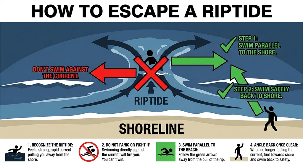 Riptide escape instructions diagram showing parallel swimming technique