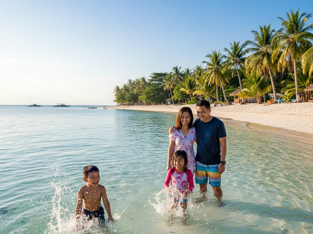 Family safely swimming at a protected beach in the Philippines