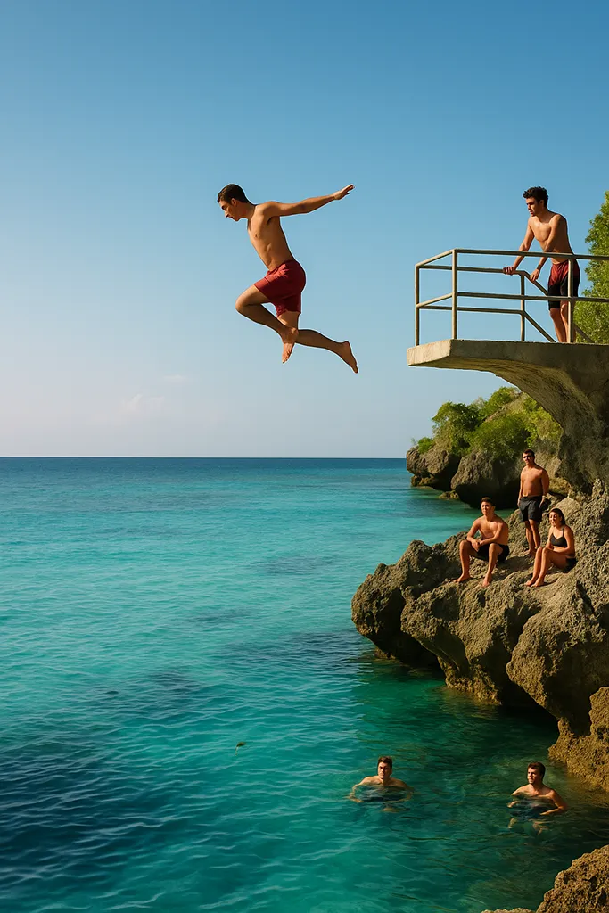 Tourist cliff diving at Salagdoong Beach with clear blue ocean.