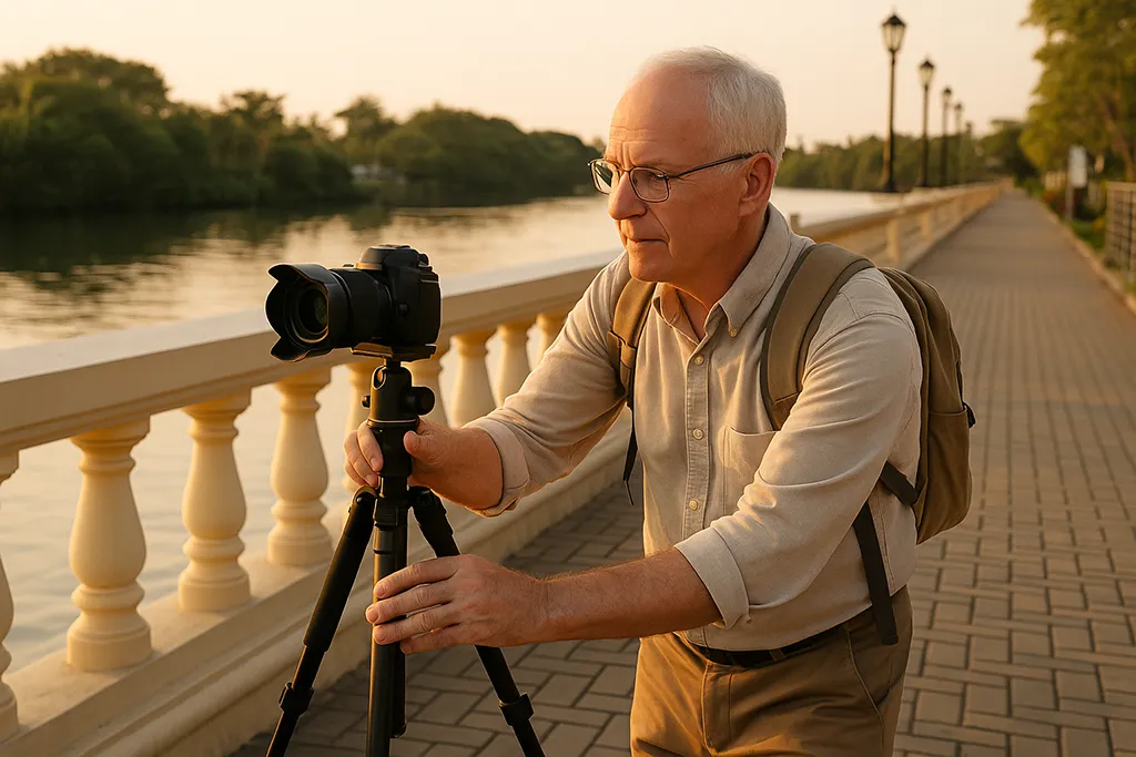 Senior traveler with a tripod at Iloilo River Esplanade.