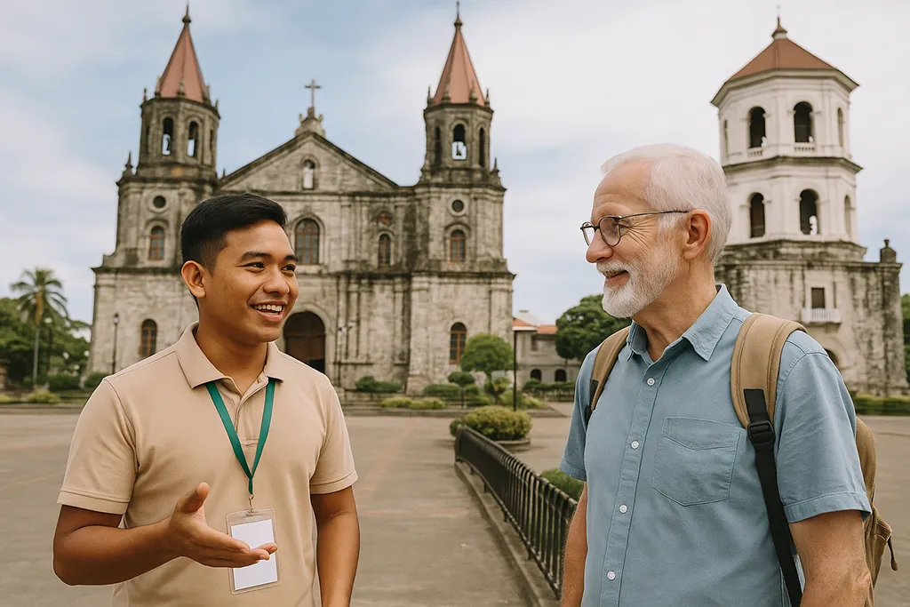 Senior tourist with local guide at Jaro Cathedral Iloilo.