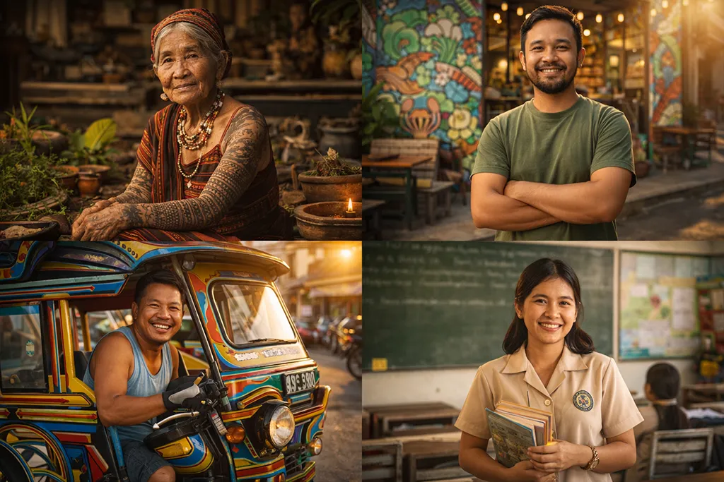 Portraits of four locals from Siquijor including healer, teacher, and café owner