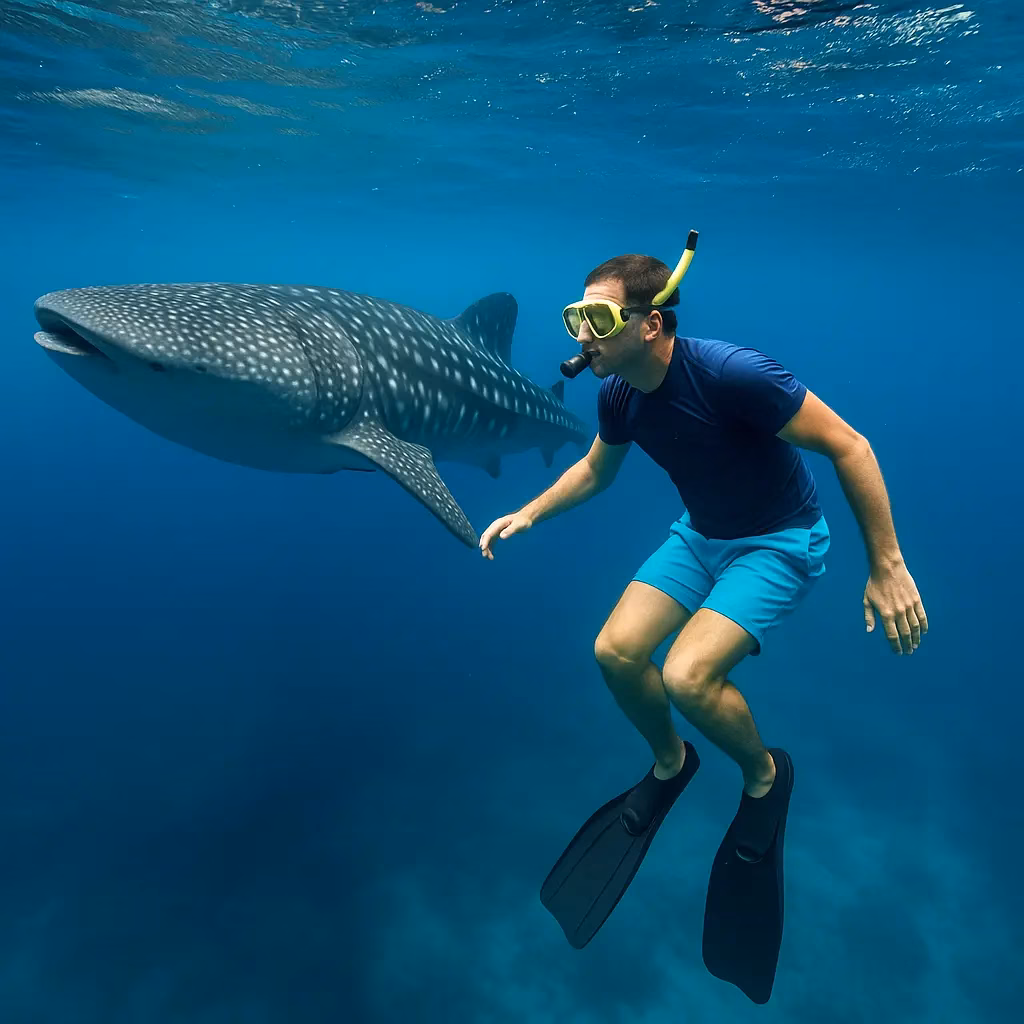 Swimming with whale sharks on a budget tour in Cebu.