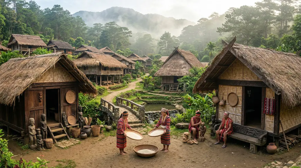 Traditional Igorot huts and longhouses at Tam-Awan Village cultural center, Baguio City