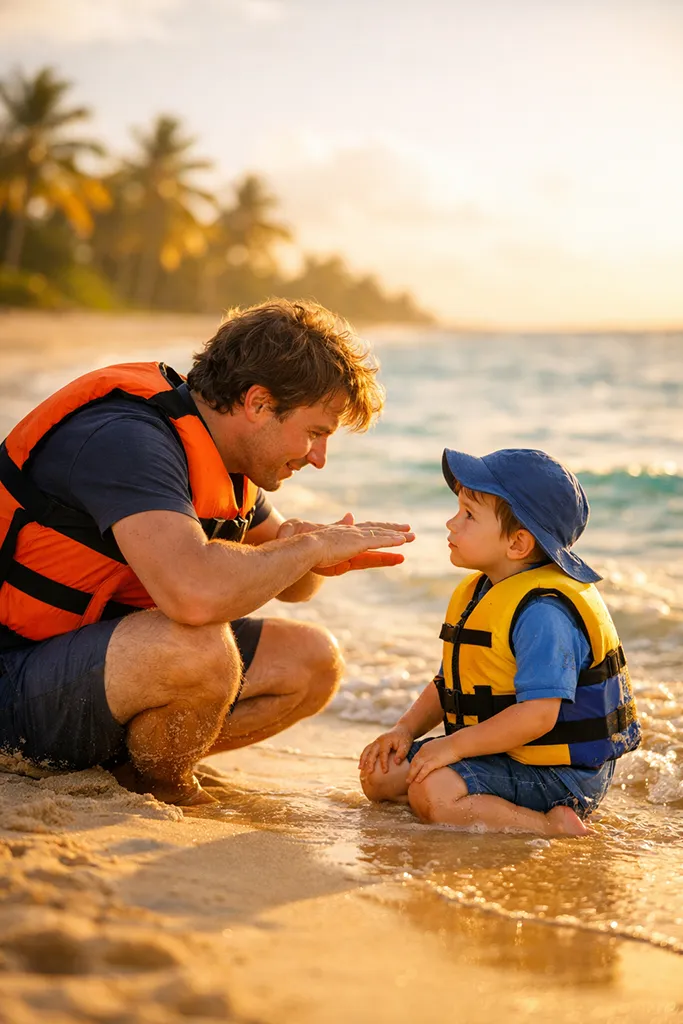 Parent teaching child riptide safety and parallel swimming technique