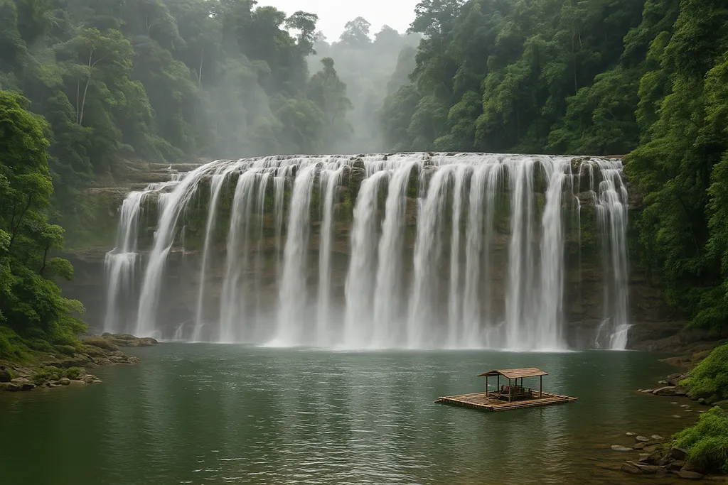 Tinuy-an Falls cascading through jungle mist in Surigao del Sur, Philippines.