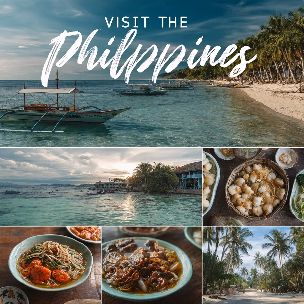 Travel collage showcasing reasons to visit the Philippines.