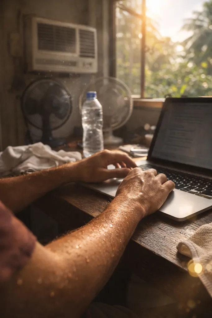 Remote worker dealing with heat and humidity while working in Philippines