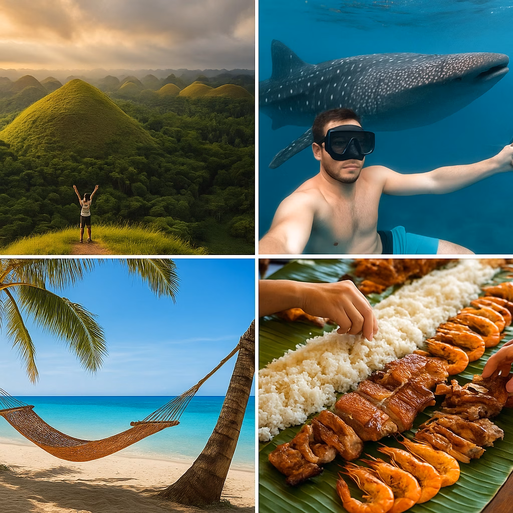 Collage of Visayan Island attractions including beaches, food, and wildlife.