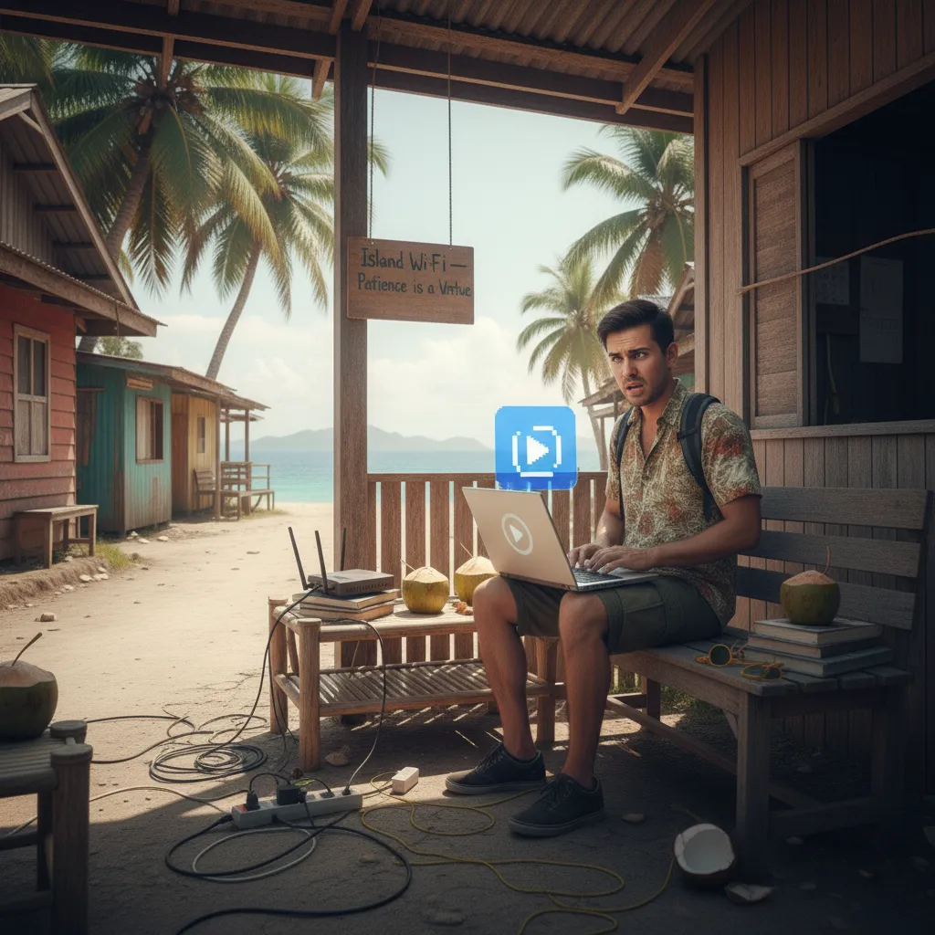 A Traveler struggling with slow Wi-Fi in a beach resort in the Philippines.