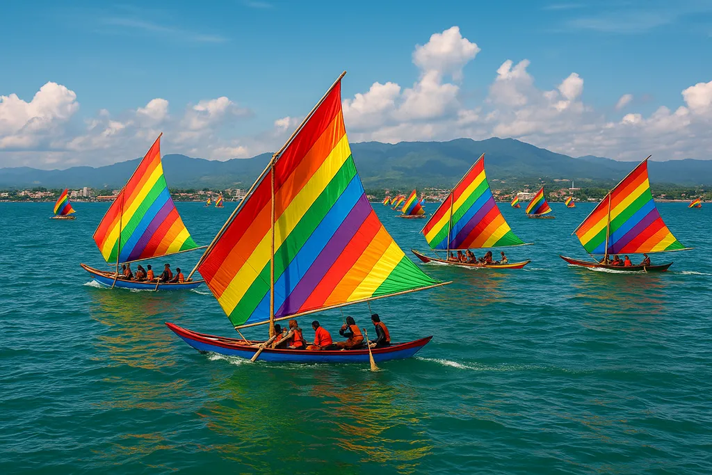 Colorful vinta boats with rainbow sails at Zamboanga Hermosa Festival