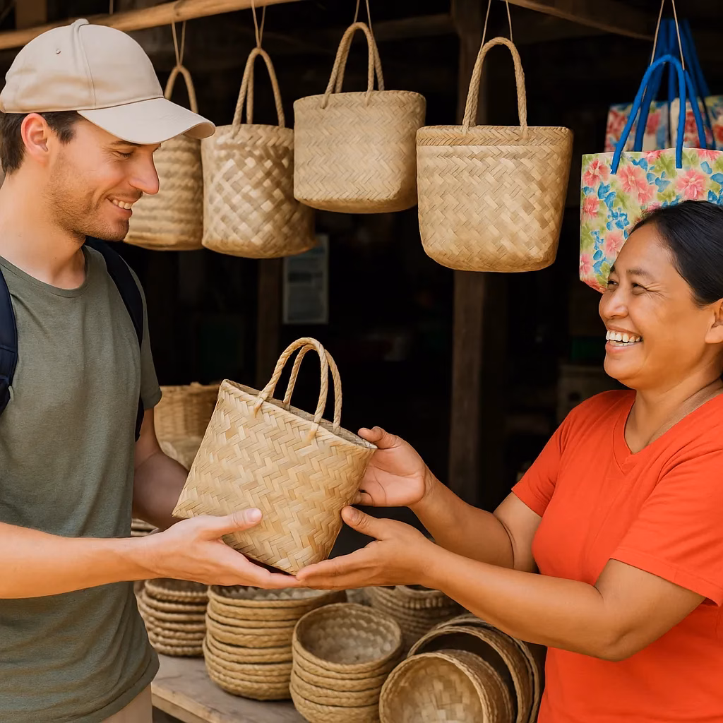 Community-based tourism in the Philippines with travelers supporting local businesses.