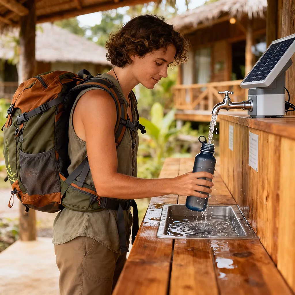 Tourist refilling reusable bottle at eco-lodge, responsible tourism Philippines.